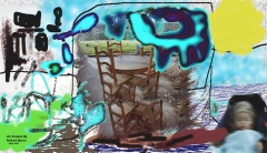 This digital painting is a whimsical collage centered around our deck when we owned that house.